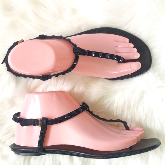 Gucci Women's Black Leather Open Toe Buckle Thong Sandals